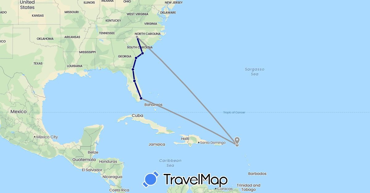 TravelMap itinerary: driving, plane in Netherlands Antilles, United States (North America)